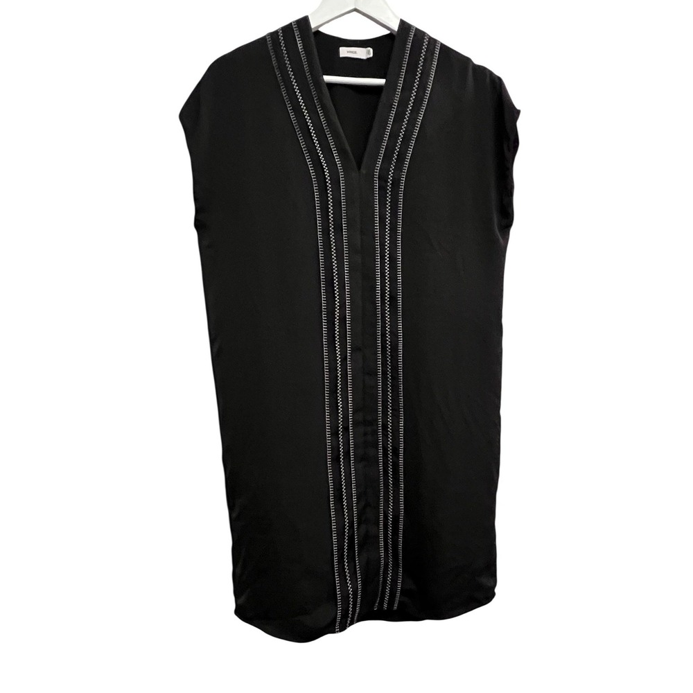Vince Dress Womens 2 Black Tunic V Neck Embroidered Boho Cap Sleeve Minimalist
